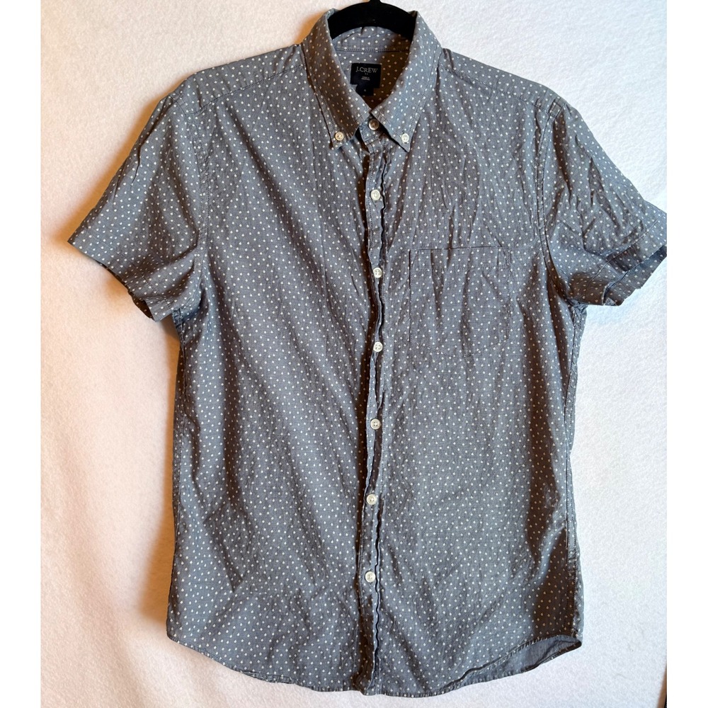 J.Crew Mens Short Sleeve Button Down Shirt Gray Dot Print Size Small‎